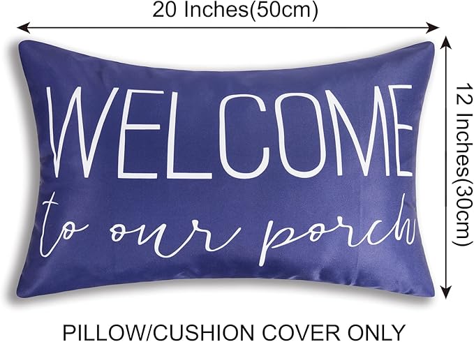 Merrycolor Pack of 2 Navy Blue Outdoor Waterproof Lumbar Pillow Covers 12x20 Decorative Waterproof Outdoor Pillows for Patio Furniture (Welcome)