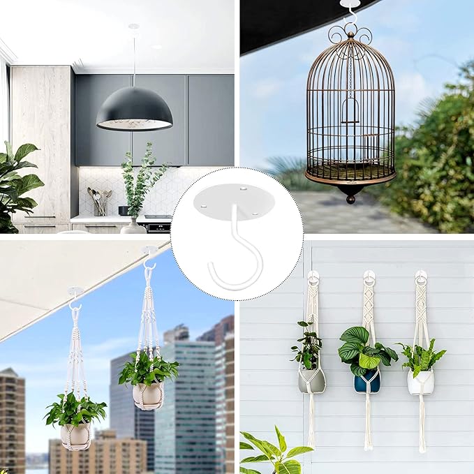Ceiling Hooks for Hanging Plants, Metal Plant Hooks Wall Mount Hangers for Hanging Plants, Bird Feeders, Wind Chimes, Lanterns, Planters - Outdoor Decoration Hooks (3 Pack) (White)