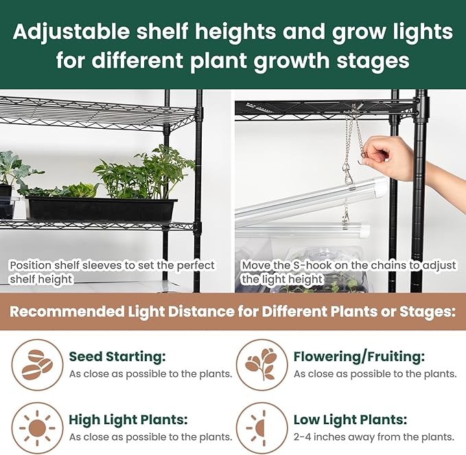 SOLIGT Plant Shelf with Grow Lights, 5 Tier Grow Light Stand Rack with 8 Pack 2FT 6000K T8 Full Spectrum Led Grow Lights for Indoor Plants, Seed Starting, Seedling Growing, Timer Included