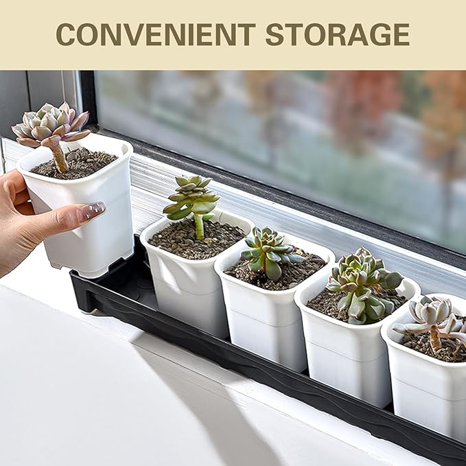 5 PCS Plastic Plant Tray Saucer Rectangular, Windowsill Plant Drainage Stand for Indoors Outdoor, Black Water Drip Tray for Flower Pot Planter, 16 x 4.5 x 1.6 Inch