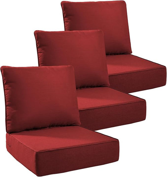 6" Thick Outdoor Cushions 24x24x6, 3-Set Deep Seat Patio Cushions with Removable Cover, Waterproof & Fade Resistant Replacement for Wicker Chair, Loveseat, Sofa - Red