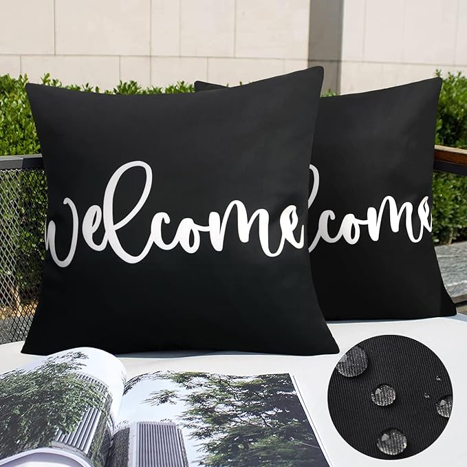Merrycolor Set of 2 Black and White Outdoor Waterproof Pillow Covers 18x18 Welcome Throw Pillows Cover Decorative Outdoor Pillows for Patio Furniture