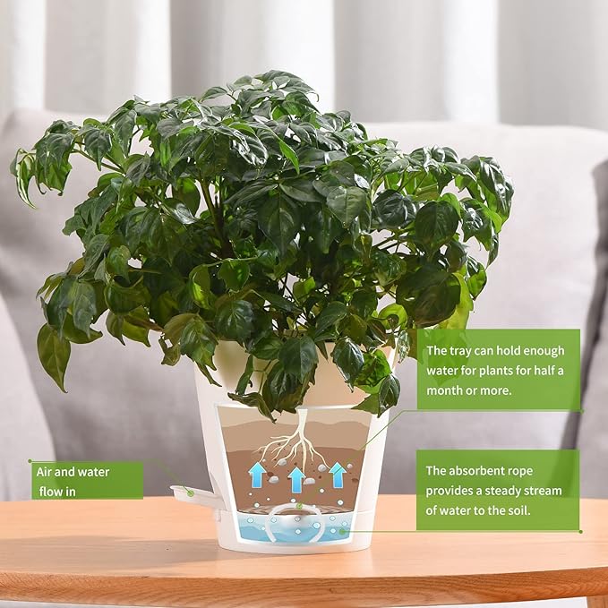 Plant Pots 5 PCS 7 inch Self Watering Planters High Drainage Flowers Pot for Indoor Outdoor Plants with Reservoir Tray and Watering Lip Gardening Planter Garden Flower Pots, White