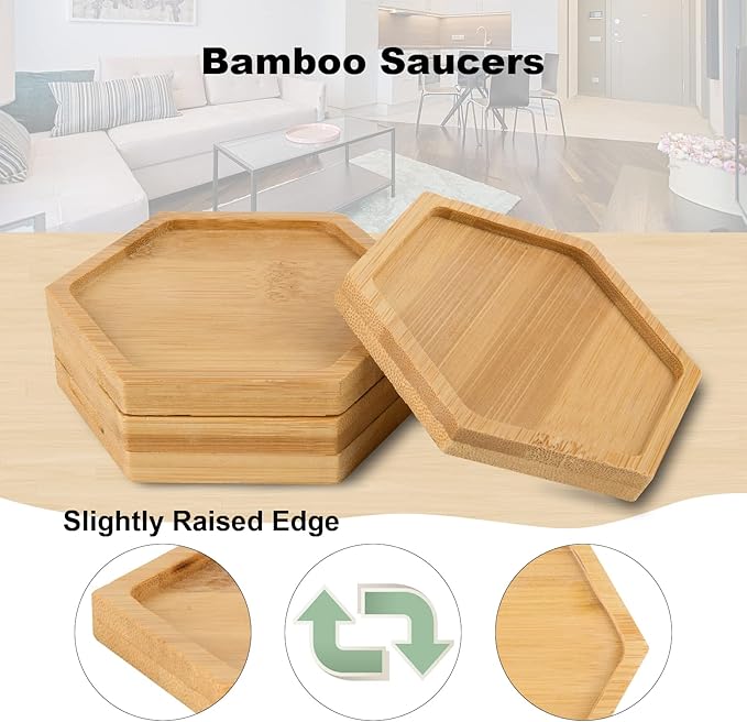 Cosmos 4 Pcs Bamboo Plant Saucer Succulent Pot Holder Drainage Tray with Raised Edge for 3.5 Inch Small Plant Flower Pots (Hexagon Shape)