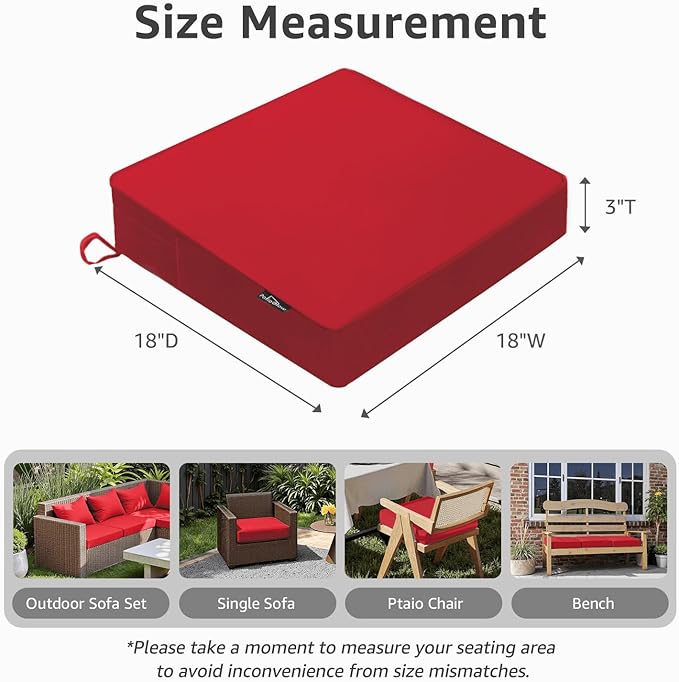 Outdoor Chair Cushions 18 x 18 x 3 Inch, Waterproof & Fade Resistant Patio Seat Cushion for Furniture with Handle and Ties, Thick Seating Pads for Outside Sofa Couch Set of 2, Red