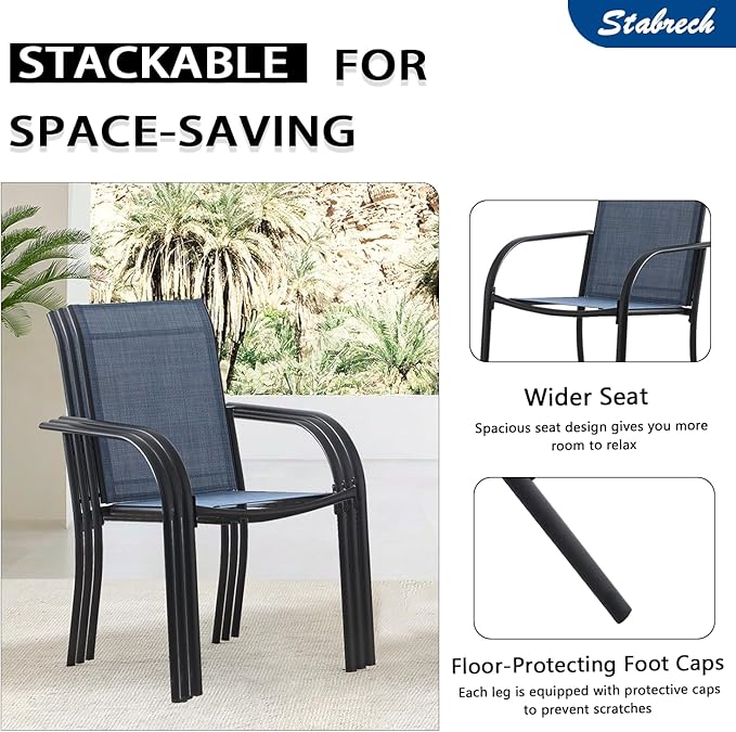 Outdoor Patio Dining Chairs Set of 6, Lightweight Stackable Patio Chairs with Curved Armrests & Wide Seat, Heavy Duty 300 lbs Capacity, Garden Chairs for Backyard, Deck, Poolside, Dark Blue
