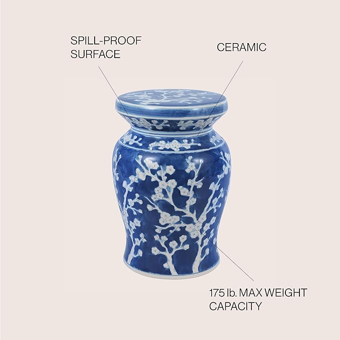 JONATHAN Y TBL1017D Cherry Blossom 17.75" Ceramic Indoor/Outdoor Garden Stool Coastal, Contemporary, Transitional, Patio, Garden Room, Bathroom, Living Room, Blue/White