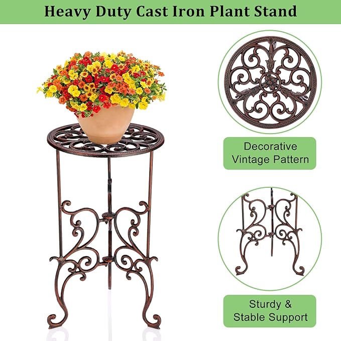 OwnMy Cast Iron Tall Plant Stand Heavy Duty Vintage Wrought Iron Flower Pot Holder, Decorative 1-Tier Potted Plant Holder Rack, Indoor Outdoor Large Metal Plant Stand for Patio Garden, Red Bronze