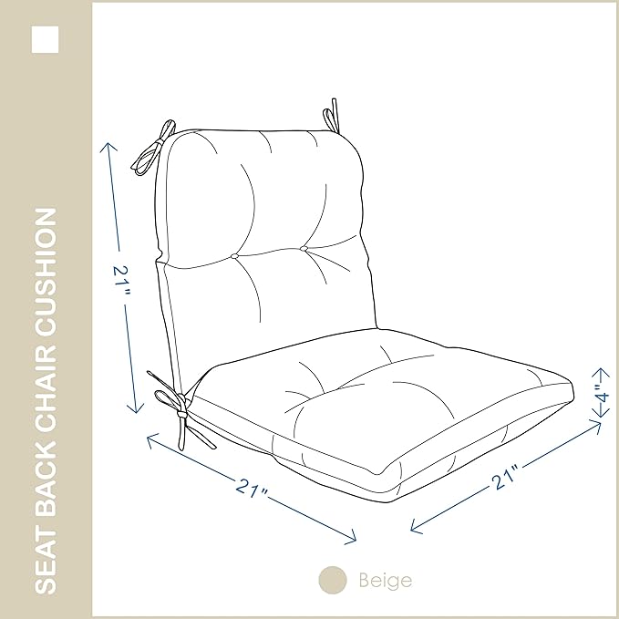 Outdoor Indoor Seat/Back Chair Tufted Cushion,All-Weather Patio Chair Cushion with Ties,for Patio Furniture,Beige