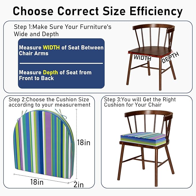 Topotdor Outdoor Chair Cushions Set of 2, Waterproof Patio Chair Cushions for Outdoor Furniture, Round Corner Seat Chair Pads with Ties for Patio Garden Dining Office, 18"x18"x2", Blue Stripe