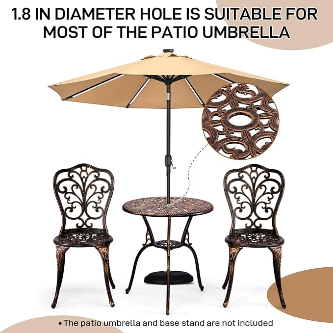 Outvita Patio Table and Chairs Set, Cast Aluminum Outdoor Cafe Table and Chairs Set of 3, Stability Patio Bistro Sets with Umbrella Hole for Garden, Patio, Balcony, Butterfly Pattern Bronze