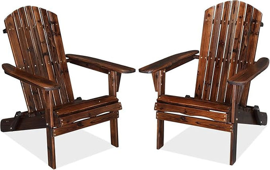 VINGLI Folding Adirondack Chairs Set of 2, Wood Adirondack Chair for Outdoor, Foldable Fire Pit Chairs for Patio, BBQ, Porch, Yard, Pool, Carbonized