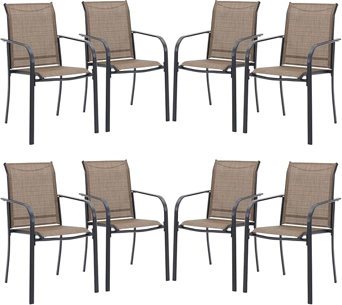 VICLLAX Patio Stackable Dining Chairs Set for 8, Outdoor Sling Chairs with Metal Frame for Front Porch Balcony Backyard Garden and Deck, Brown