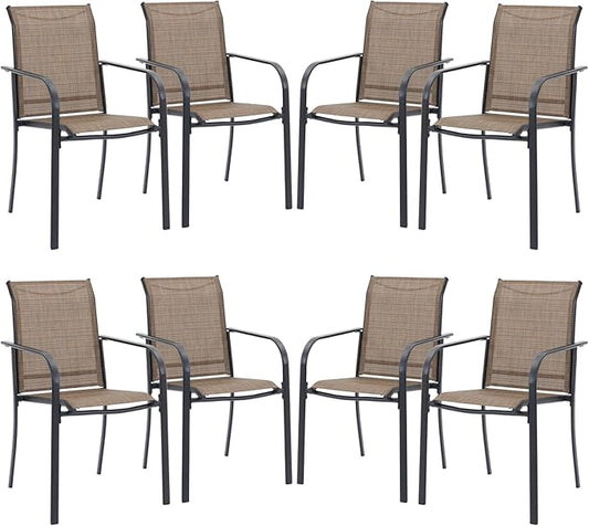 VICLLAX Patio Stackable Dining Chairs Set for 8, Outdoor Sling Chairs with Metal Frame for Front Porch Balcony Backyard Garden and Deck, Brown