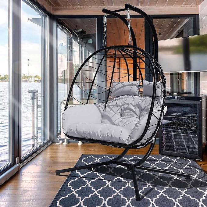 Hanging Egg Chair with Stand Indoor Swinging Chair Outdoor Hammock Egg Chair for Patio, Bedroom, Garden and Balcony (Gray+Black, Large)