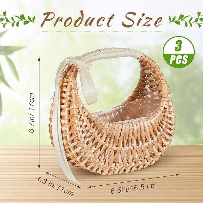 Taiyin Rattan Flower Girl Basket Small Half Moon Straw Wicker Basket with Handle Ideal for Wedding Flower Girl,Picnic,Garden Storage and Home Decor(White Ribbon)