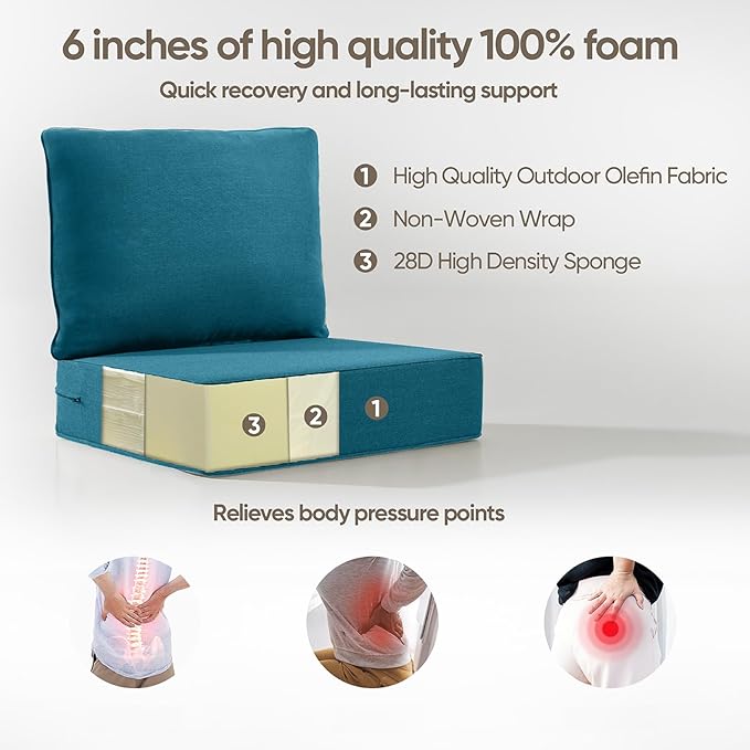 6" Thick Outdoor Cushion, 24*24*6" Patio Furniture Cushions with Waterproof Patio Furniture Cushions with Removable Cover, 28D High Density Patio Cushion for Outdoor Furniture, Green-2pcs