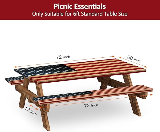 KENOBEE Picnic Table Cover with Bench Covers 6FT 3PCS, Camping Essentials Waterproof Windproof Tablecloth with Drawstring Bag, Fitted Rectangle Tables and Seats, 72", US Flag