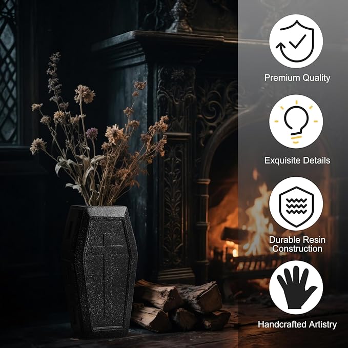 Coffin Vase for Flowers Gothic Home Decor Large Vase Makeup Brush Holder Planters for Indoor Plants Goth Room Decor Gothic Gifts (Black Stone,Large)