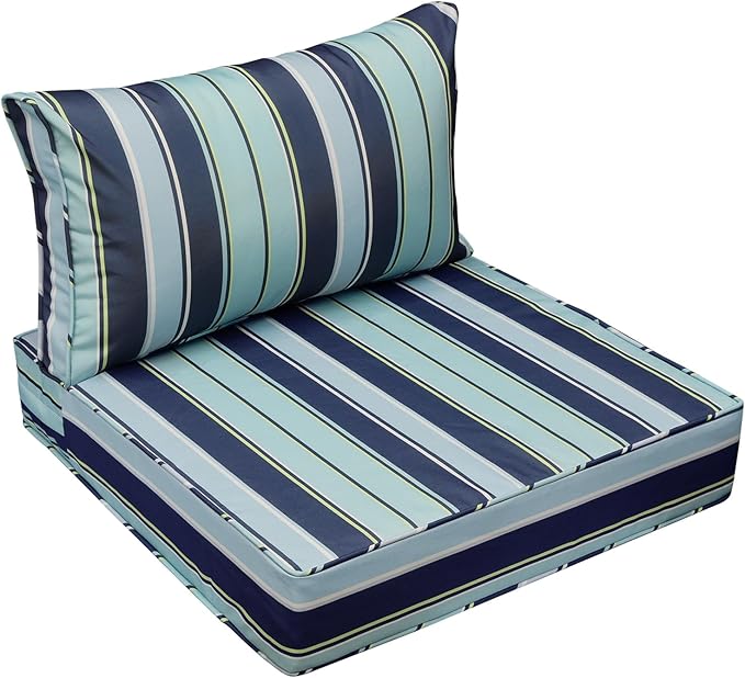 AAAAAcessories Outdoor Seat Cushions for Chairs, Fade-Resistant, Waterproof Patio Furniture Replacement Cushions, 23.5" x 25.5" x 5" + 23.5" x 13.5", Ash Teal Seaside Stripe