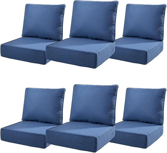 6" Thick Outdoor Cushions 22x24x6, 6-Set Deep Seat Patio Cushions with Removable Cover, Waterproof & Fade Resistant Replacement for Wicker Chair, Loveseat, Sofa - Blue
