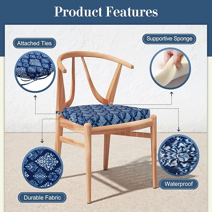 Cozyide Outdoor Chair Cushions, Waterproof Patio Seat Cushions with Adjustable Straps, Round Corner Patio Chair Cushions for Garden, Indigo Badge, 17x16x2 Inch (Pack of 2)