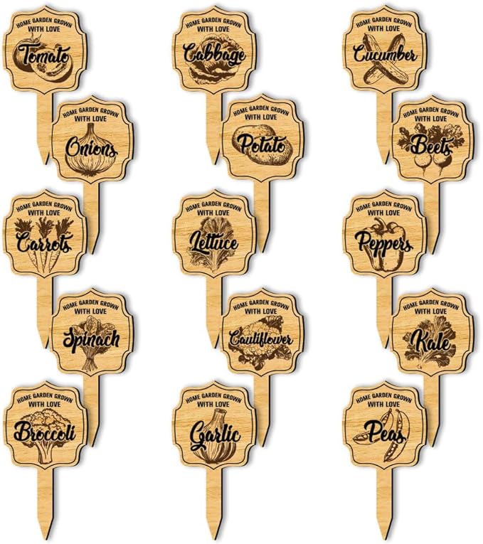 arricraft 15 Pcs Plant Labels, Wooden Markers Irregular Circle Tags Garden Labels with Printed Retro Pattern Wood Garden Stakes for Indoor and Outdoor Potted Vegetable Seed