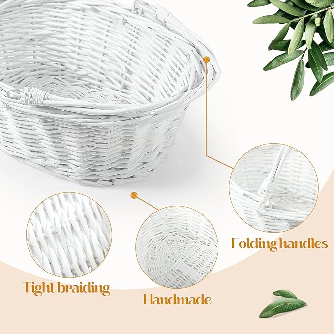 Barydat 6 Pcs Small Wicker Picnic Basket with Handle Flower Girl Baskets Oval Willow Woven Braided Gift Basket for Easter Weddings Baby Shower Home Garden Decor (White,12'' x 9'' x 5'')