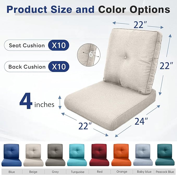 Belord Luxury 4" Thick Outdoor Cushion 10 Set - 22 x24 Inch 28D Sponge Filling Fade-Resistant Chair Cushion, Spill Proof Removable Patio Furniture Replacement Cushions for Sofa Bench Swing - Beige