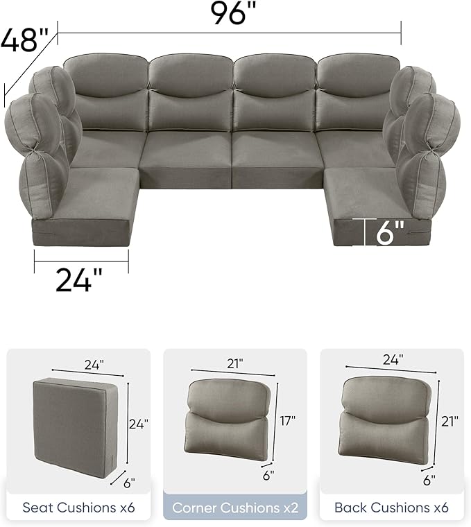 Luxury 24x24x6 Outdoor Seat Cushions for 6-Seat Sectional Sofa Set of 6 - Water-Repellent 14-Piece Patio Cushion Set for Outside Rattan Wicker Loveseat Chair L-Shape Couch - Grey/Smile