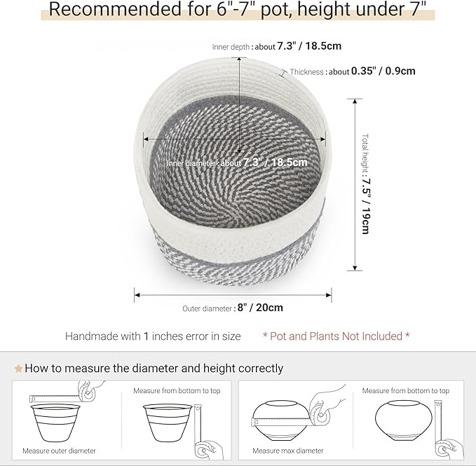 Dahey Jute Cotton Rope Plant Basket Mini Woven Storage Basket for Up to 7" Planter, Decorative Flower Pot Cover Closet Storage Bin Table Desk Organizer Modern Home Decor, Grey