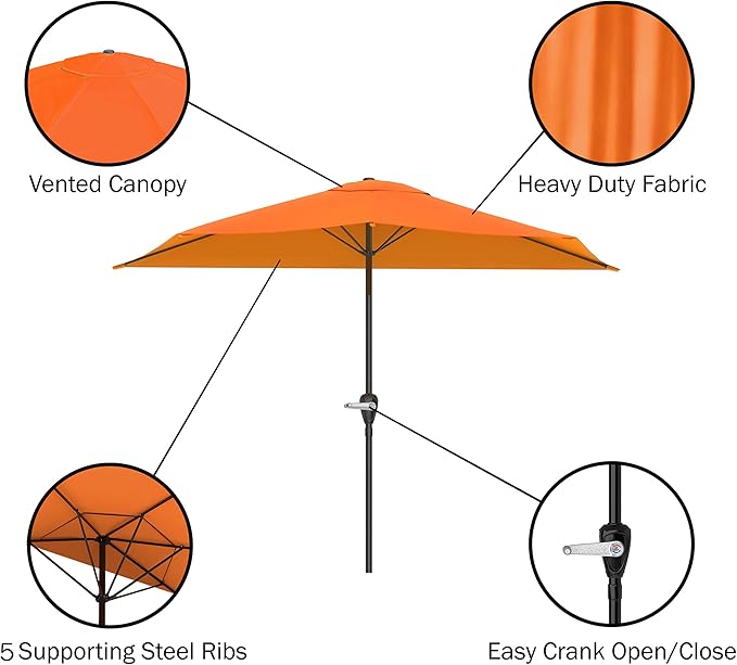 Pure Garden Half Round Patio Umbrella with Easy Crank – Compact 9ft Semicircle Outdoor Shade Canopy for Balcony, Porch, or Deck (Terracotta)