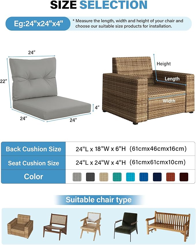 YEFU 24x24 Outdoor Cushions for Patio Furniture: Waterproof Fade Resistant Outdoor Seat Cushions Set of 2 - Olefin Deep Seat Paio Cushion Pads Replacement with Ties for Chair Sofa Couch(Light Gray)