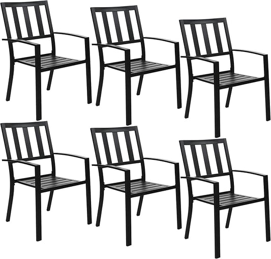 PHI VILLA Metal Outdoor Dining Chairs Set of 6 - Stackable Black Patio Chairs, 300lb Capacity (Stripe)