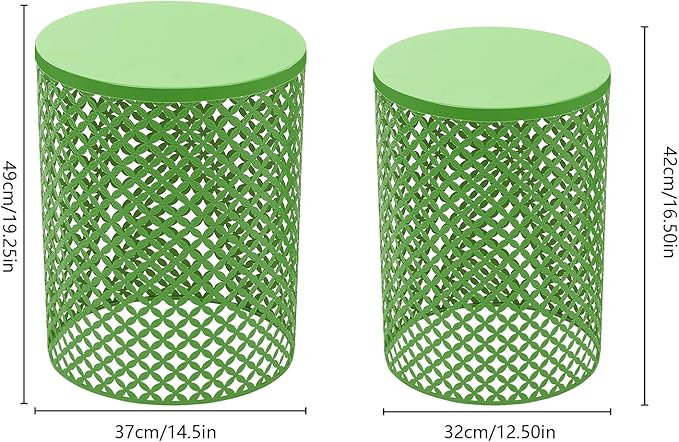 2PCS Outdoor Side Table, Heavy Duty Metal Frame Side Table Decorative Garden Stool Modern End Table Round Coffee Table for Patio Gardens Balconies Cafes (Green)