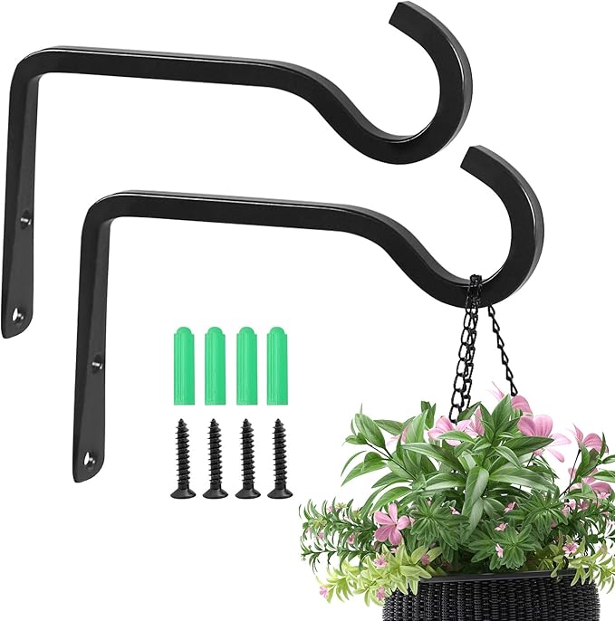 2 Pack 6 Inch Premium Decorative Metal Iron Wall Hook, Rustic Plant Hanger, Indoor Outdoor Gardening Bracket Hook, for Planters, Bird Feeders, Lanterns, Wind Chimes, by RIGHT+LEFT (Black)