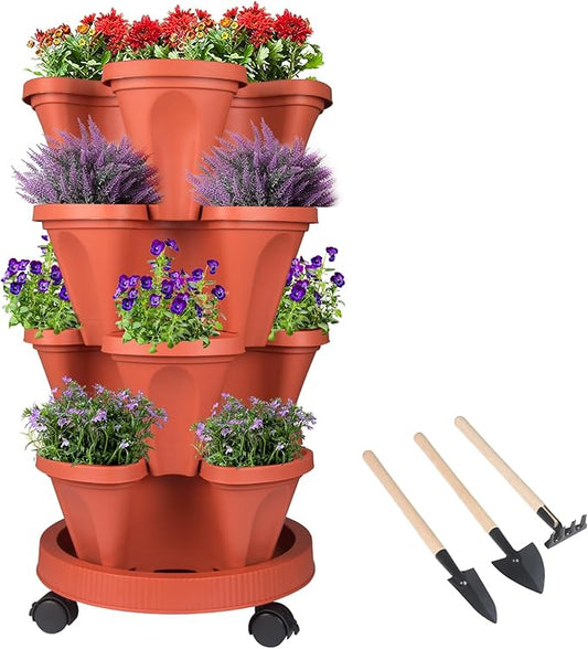 GameXcel Vertical Planter 4 Tier Stackable Planters Garden Planters Strawberry Herb Flower and Vegetable Planter Indoor Outdoor Gardening Pots with Removable Wheels and Tools