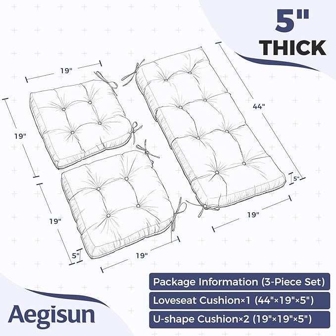 Wicker Chair Cushions of 3 Pieces, Waterproof Cushions for Patio Furniture, Tufted Wicker Outdoor Furniture Cushions, 1 Patio Loveseat Cushion and 2 U-Shaped Cushions, 44"x19"x5", Burgundy