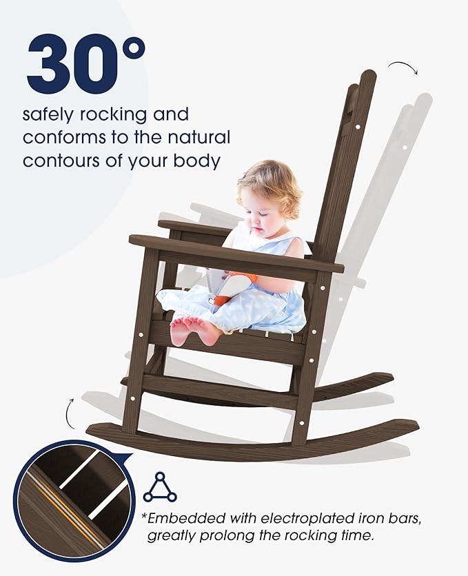 KINGYES Oversized Outdoor Rocking Chair Set of 4, All-Weather Patio Rocking Chairs for Porch, HDPE Outdoor Patio Rockers with High Back & Wide Seat for Garden, Lawn, Brown