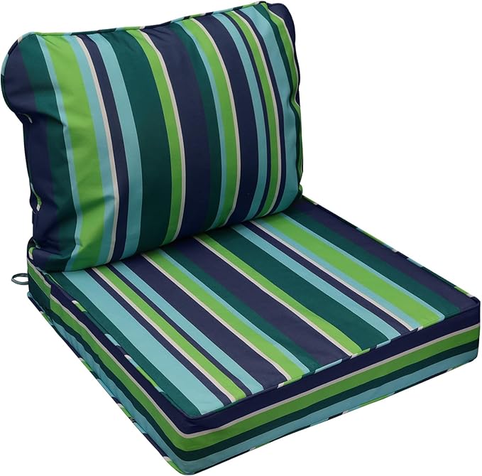 AAAAAcessories Outdoor Seat Cushions for Chairs, Fade-Resistant, Waterproof Patio Furniture Replacement Cushions, 22" x 24" x 5" + 22" x 19", Stormy Teal Coastal Stripe