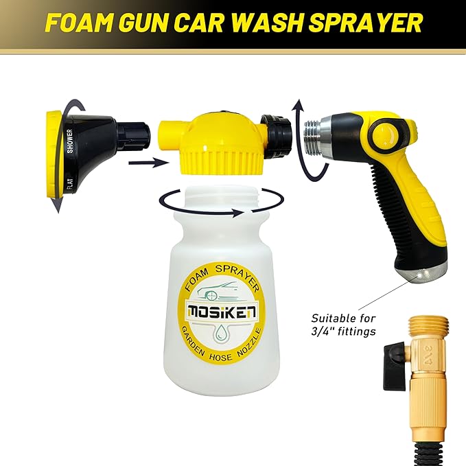 Foam Gun Car Wash Sprayer with Washing Sponge & Absorbent Towel, Foam Cannon Car Washing Kit, 1/2” Connector for Garden Hose, for Car/Garden Cleaning (YELLOW)