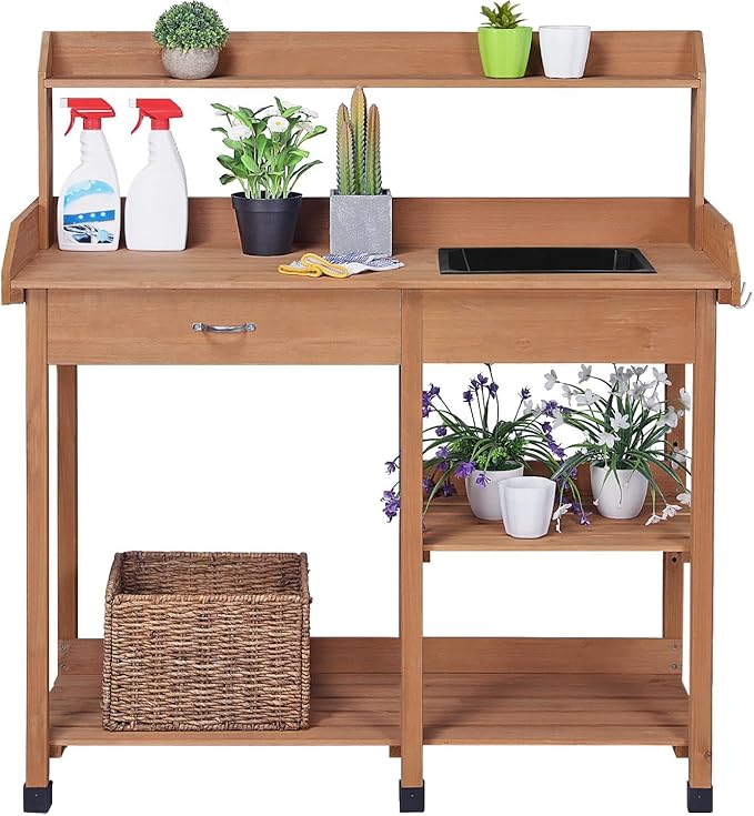 Topeakmart 45.2x17.7x47.6'' (LxWxH) Potting Benches Outdoor Garden Potting Table Work Bench with Removable Sink Drawer Rack Shelves Work Station, Brown