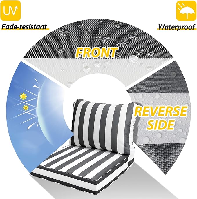 AAAAAcessories Outdoor Seat Cushions for Chairs, Fade-Resistant, Waterproof Patio Furniture Replacement Cushions, 19" x 19" x 3" + 19" x 17", Gray Cabana Stripe
