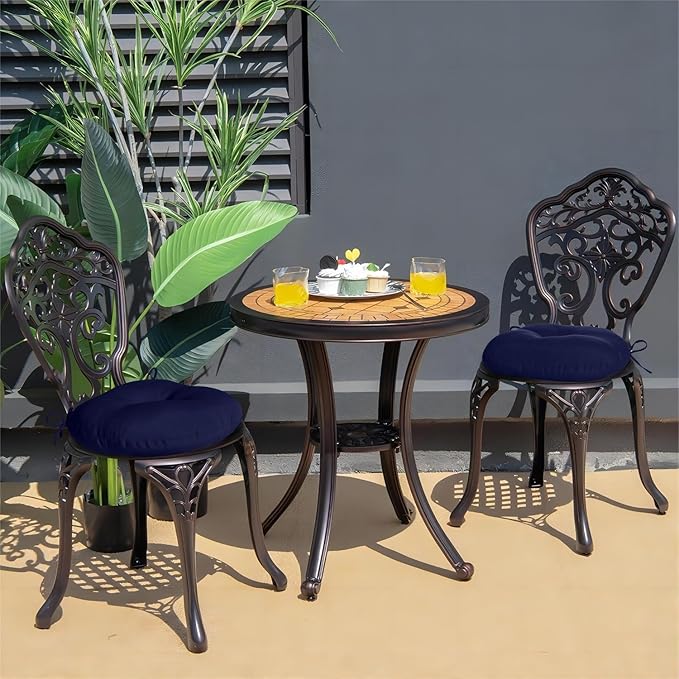 downluxe Bistro Chair Cushions for Patio Furniture, Water-Resistant Round Outdoor Chair Cushions Set of 2 with Non-Slip Ties, 15" x 15", Navy