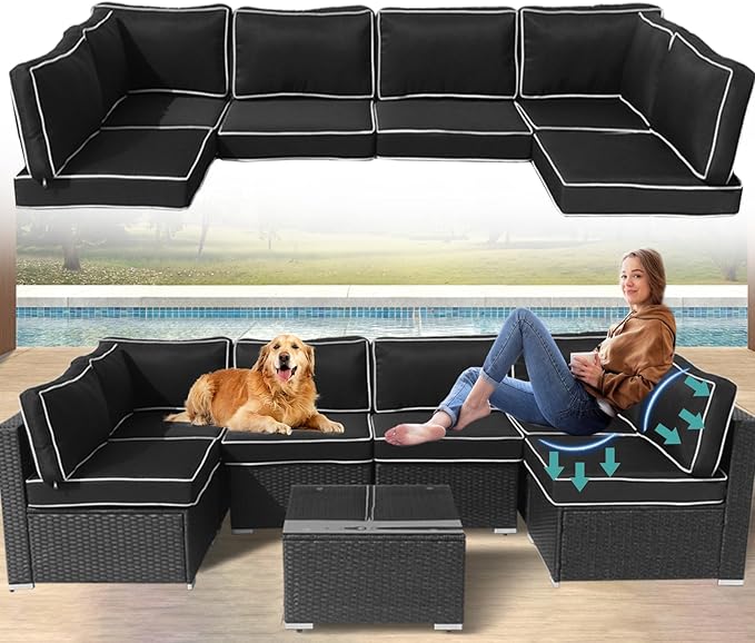 Outdoor Cushions for Patio Furniture,14Pieces Water-Resistant Replacement Cushions Fits 6-seat Sectional Rattan Conversation Set Outdoor Patio Sofa Cushion,Liner&Cover(Black+White Edges)