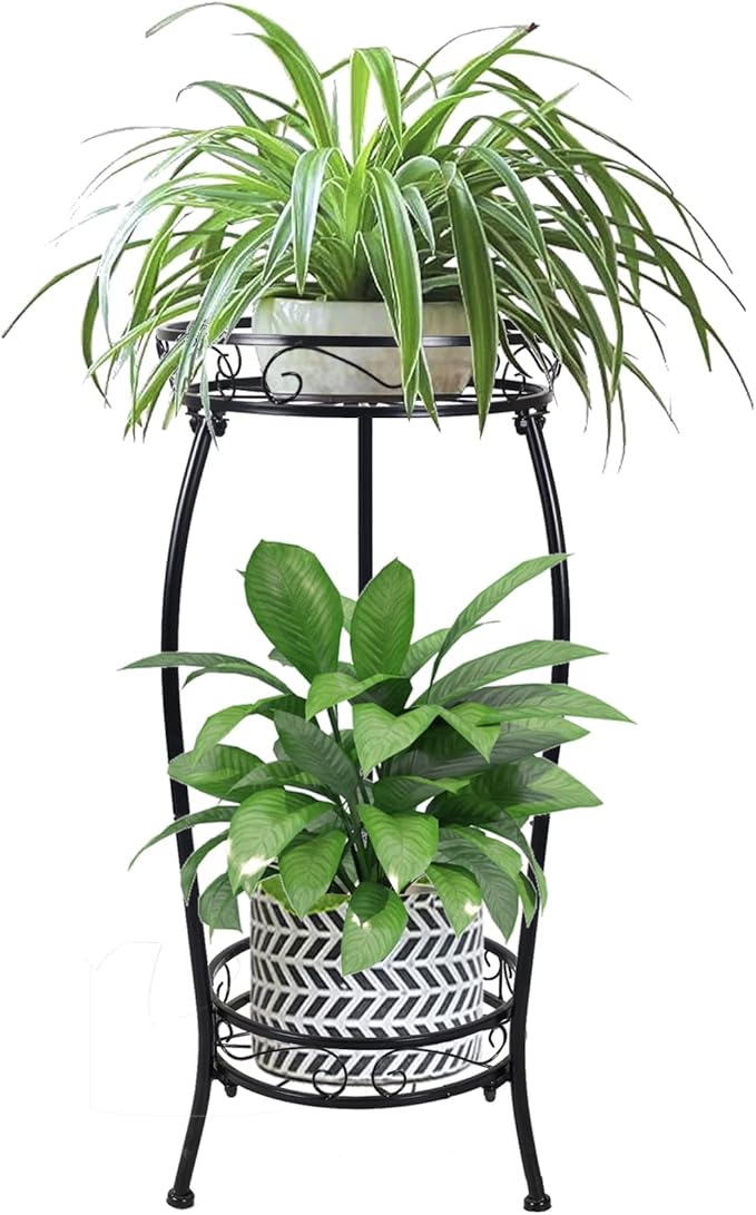 MOCORY Plant Stand Indoor Outdoor 2 Tier 27" Tall Metal Potted Holder Flower Pot Stand Heavy Duty Plant Shelf Rustproof Iron Multiple Plant Round Supports Rack for Planter Corner Garden Balcony Patio