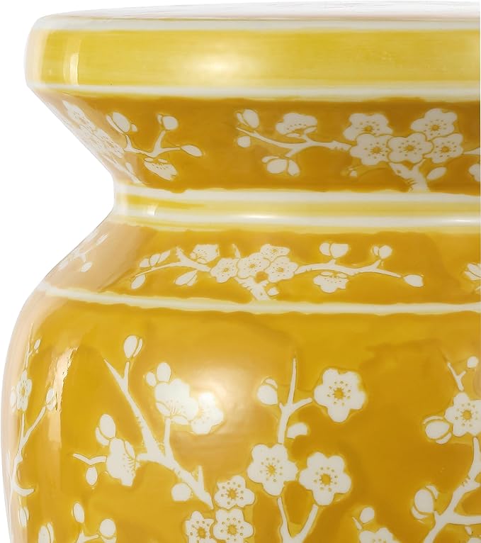 JONATHAN Y TBL1017E Cherry Blossom 17.75" Ceramic Indoor/Outdoor Garden Stool Coastal, Contemporary, Transitional, Patio, Garden Room, Bathroom, Living Room, Yellow/White