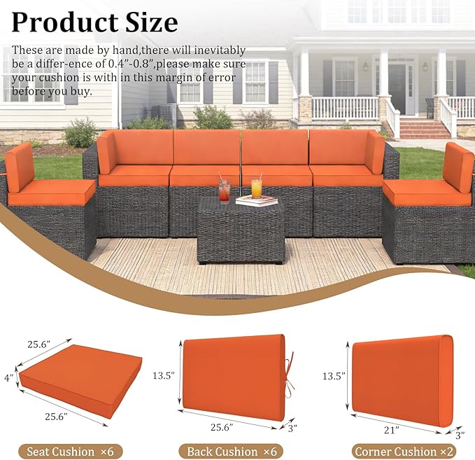 14 Pcs Outdoor Replacement Cushions for Patio Furniture, All Weather Water Resistant Cushion for 6 Seat Rattan Wicker Sectional Patio Conversation Sets and Couch (Orange)