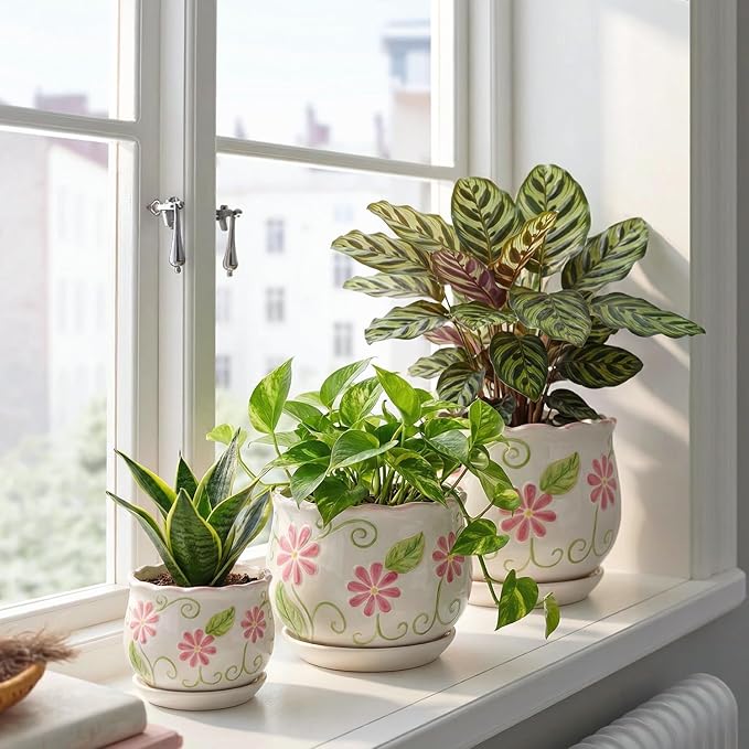 Pink Ceramic Flower Pots, 4"+5.2"+6.6" Inch Small Flower Pots for Indoor Plant with Drainage Hole,Modern Decorative Plant Pots Set of 3, Indoor Planters with Saucer