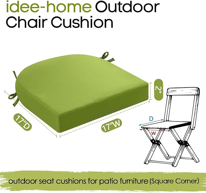 idee-home Outdoor Chair Cushions Set of 4, Thick 17" x 17" x 2" Outdoor Seat Cushions Patio Furniture Waterproof with Ties, Dining Pads